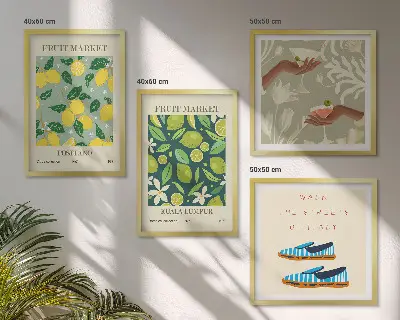 Italienske plakater med frugtmønstre billedvæg til over sofaen