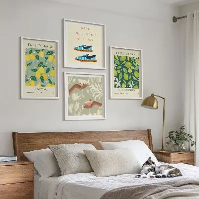 Italienske plakater med frugtmønstre billedvæg til over sofaen