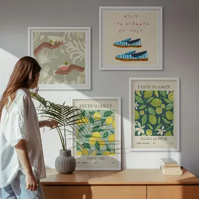 Italienske plakater med frugtmønstre billedvæg til over sofaen