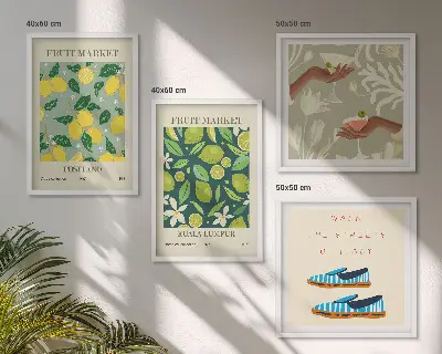Italienske plakater med frugtmønstre billedvæg til over sofaen