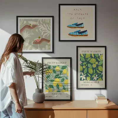 Italienske plakater med frugtmønstre billedvæg til over sofaen