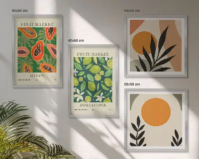 Billedvæg over sofa med boho papaya frugtmønster