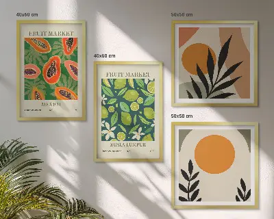 Billedvæg over sofa med boho papaya frugtmønster