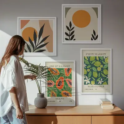 Billedvæg over sofa med boho papaya frugtmønster