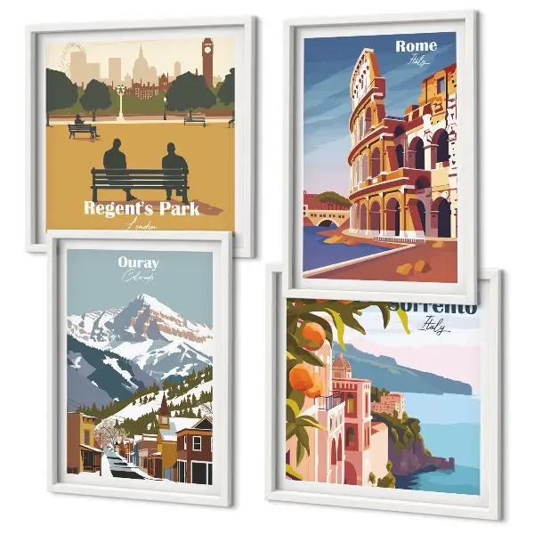 Retro illustrationer af berømte steder billedsæt med ramme