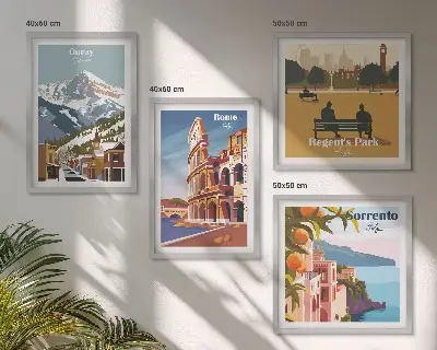 Retro illustrationer af berømte steder billedsæt med ramme