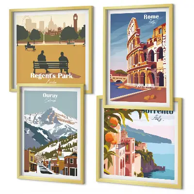 Retro illustrationer af berømte steder billedsæt med ramme