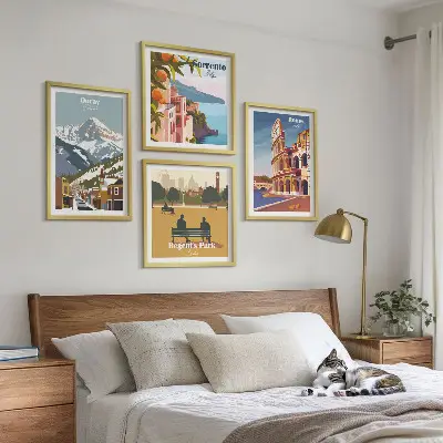 Retro illustrationer af berømte steder billedsæt med ramme