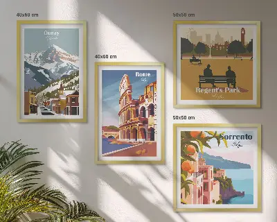 Retro illustrationer af berømte steder billedsæt med ramme