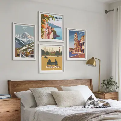 Retro illustrationer af berømte steder billedsæt med ramme