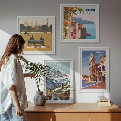 Retro illustrationer af berømte steder billedsæt med ramme