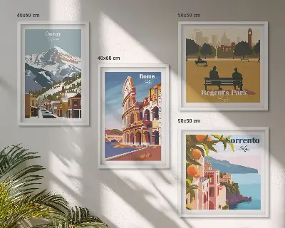 Retro illustrationer af berømte steder billedsæt med ramme