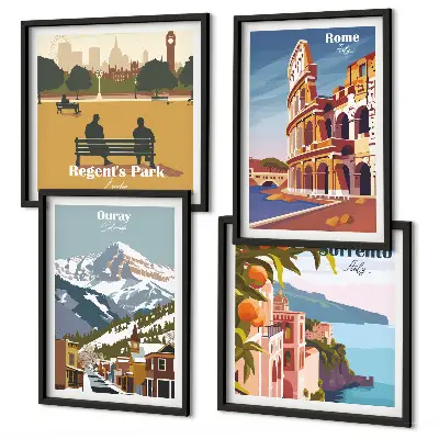 Retro illustrationer af berømte steder billedsæt med ramme