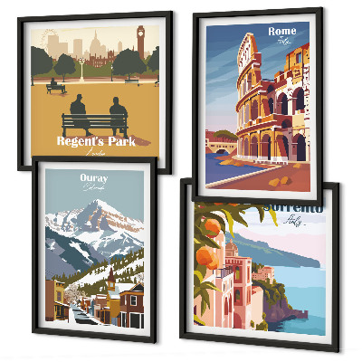 Billedsæt med ramme Retro illustrationer af berømte steder