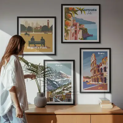 Retro illustrationer af berømte steder billedsæt med ramme