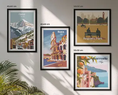 Retro illustrationer af berømte steder billedsæt med ramme