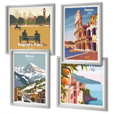 Retro illustrationer af berømte steder billedsæt med ramme