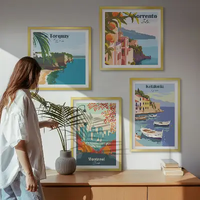 Billedvæg over sofa med retrobilleder af byer fra hele verden
