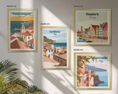Billedvæg over sofa med motiv af udsigt over europæiske havne
