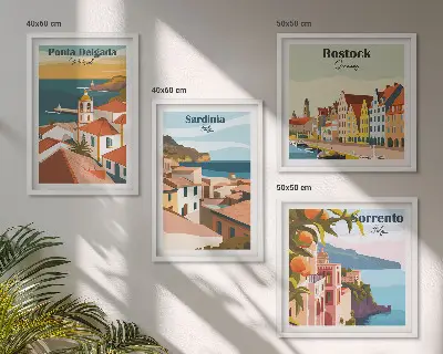 Billedvæg over sofa med motiv af udsigt over europæiske havne