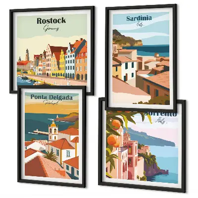 Billedvæg over sofa med motiv af udsigt over europæiske havne