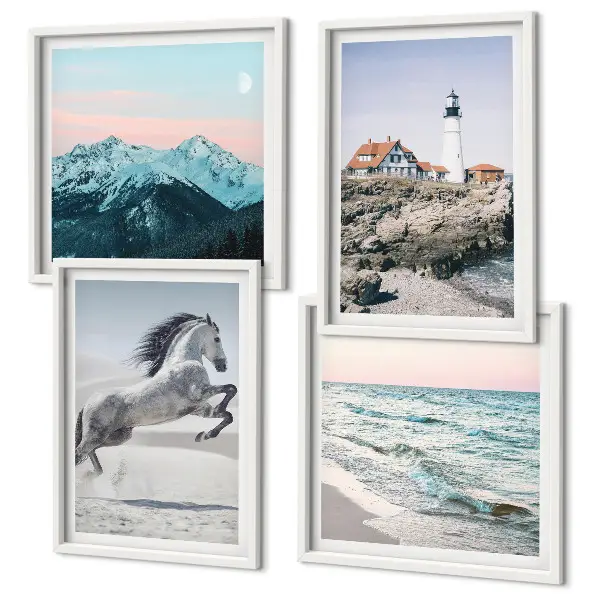 Billedsæt med ramme med motiver af heste, bevægelse, strand, fyrtårn og bjerge