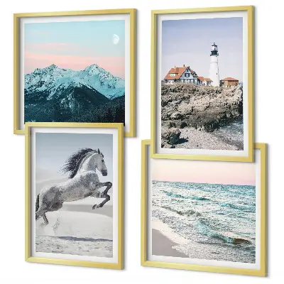 Billedsæt med ramme med motiver af heste, bevægelse, strand, fyrtårn og bjerge