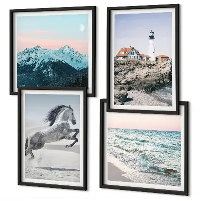 Billedsæt med ramme med motiver af heste, bevægelse, strand, fyrtårn og bjerge