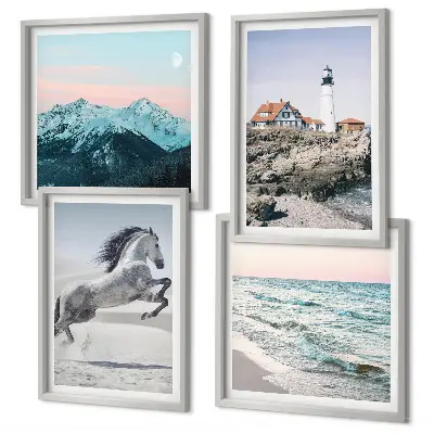 Billedsæt med ramme med motiver af heste, bevægelse, strand, fyrtårn og bjerge