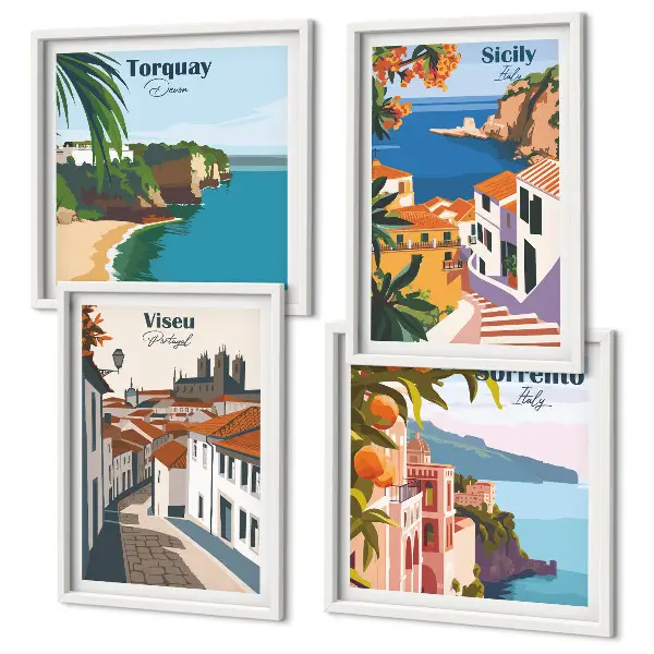 Retro illustrationer af verdens byer billedsæt med ramme