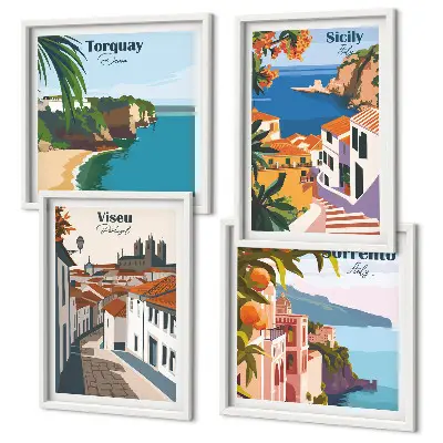 Retro illustrationer af verdens byer billedsæt med ramme