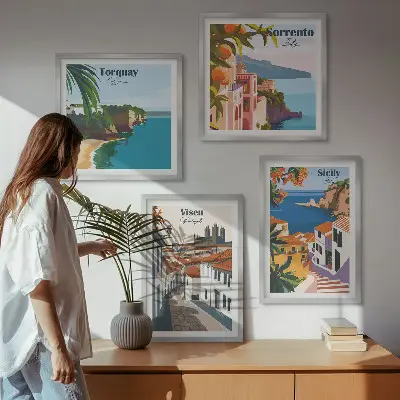 Retro illustrationer af verdens byer billedsæt med ramme