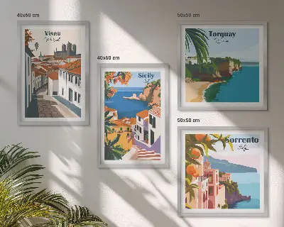 Retro illustrationer af verdens byer billedsæt med ramme