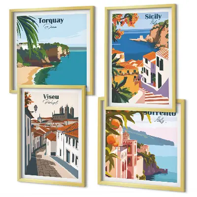 Retro illustrationer af verdens byer billedsæt med ramme