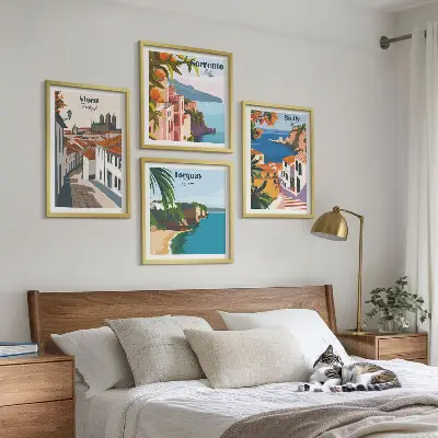 Retro illustrationer af verdens byer billedsæt med ramme