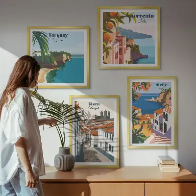 Retro illustrationer af verdens byer billedsæt med ramme