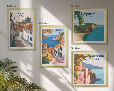 Retro illustrationer af verdens byer billedsæt med ramme
