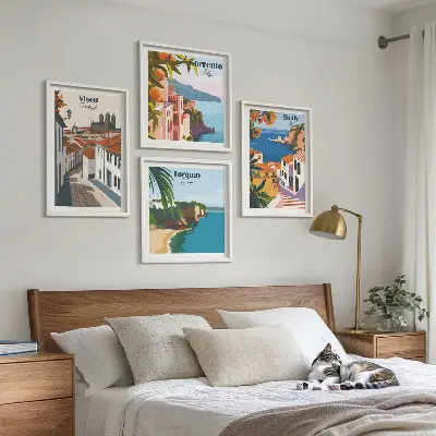 Retro illustrationer af verdens byer billedsæt med ramme