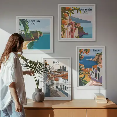 Retro illustrationer af verdens byer billedsæt med ramme