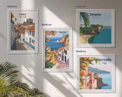 Retro illustrationer af verdens byer billedsæt med ramme