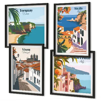 Retro illustrationer af verdens byer billedsæt med ramme