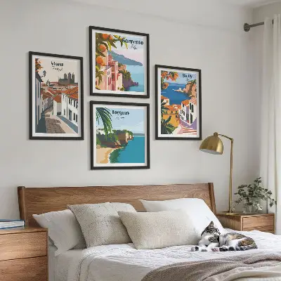 Retro illustrationer af verdens byer billedsæt med ramme