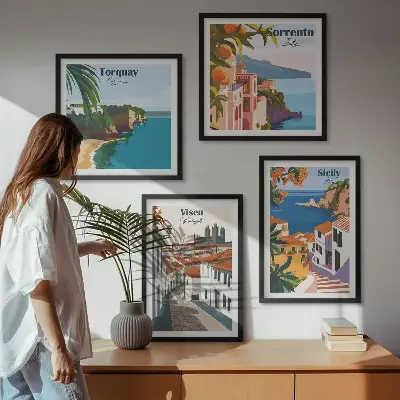 Retro illustrationer af verdens byer billedsæt med ramme