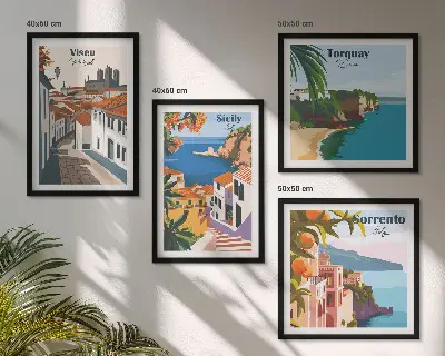 Retro illustrationer af verdens byer billedsæt med ramme