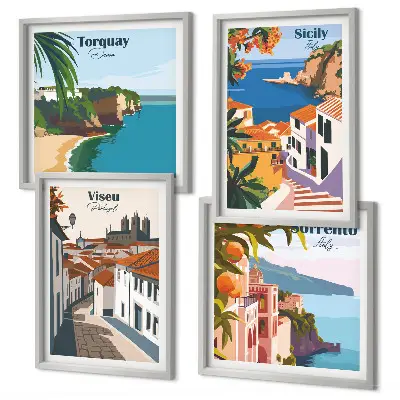 Retro illustrationer af verdens byer billedsæt med ramme