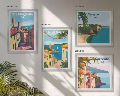 Billedvæg med motiv af italienske kystbyer over sofa