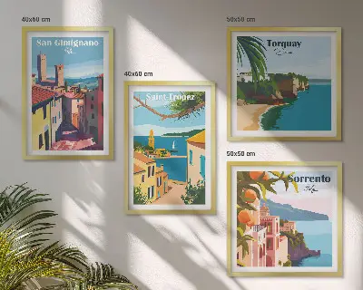 Billedvæg med motiv af italienske kystbyer over sofa