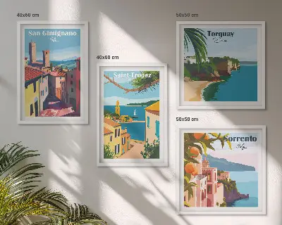 Billedvæg med motiv af italienske kystbyer over sofa