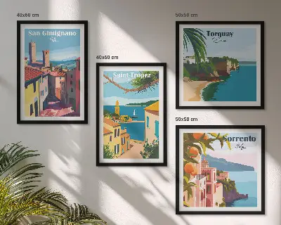 Billedvæg med motiv af italienske kystbyer over sofa
