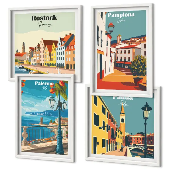 Retro byillustrationer billedsæt med ramme